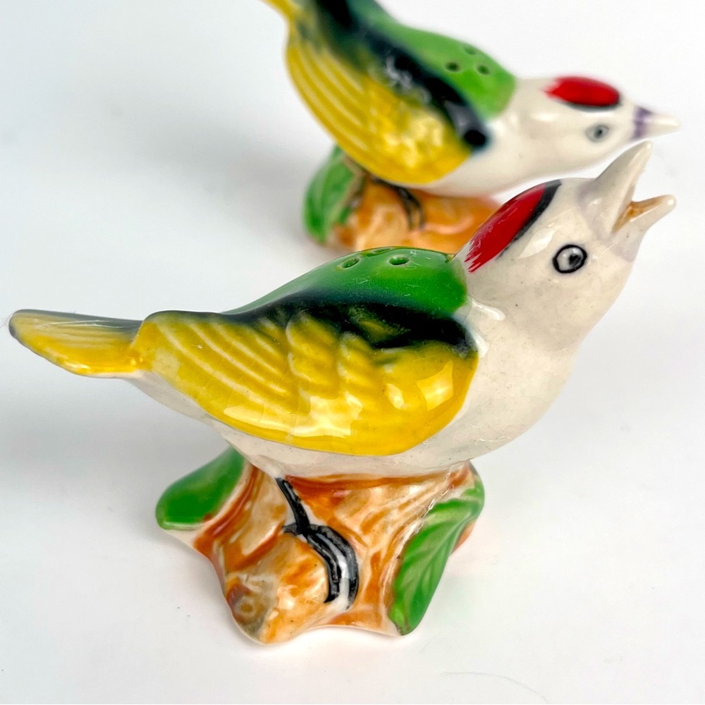 Song Birds Salt Pepper Shaker Set Pair Green Yellow Red Made in Japan